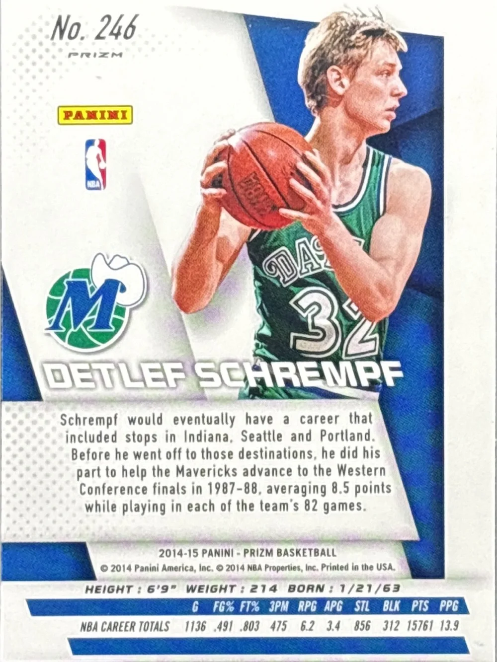 Panini Prizm Detlef Schrempf Dallas Mavericks  Basketball  Card Blue Prizm